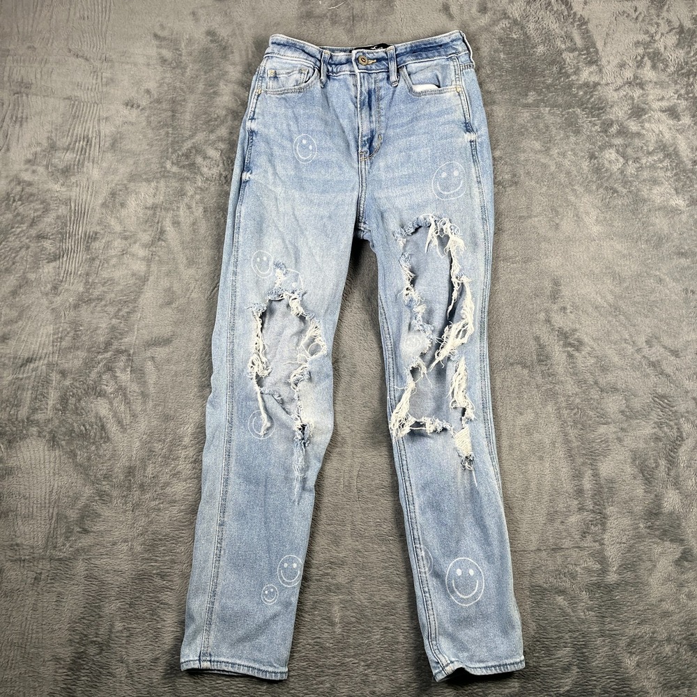 Hollister Smiley Face Ultra High Rise Mom Jeans Womens 0R Blue Denim Distressed